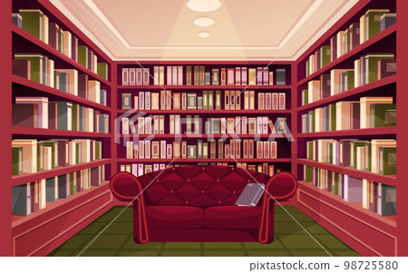 Poster with library room and shelves. Vector image Poster with library room and shelves. Vector image 98725580