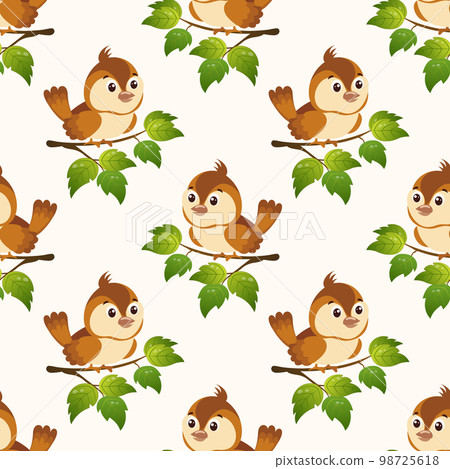 Seamless pattern, cute sparrows on tree branches. Children's print, textile, vector 98725618