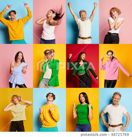Collage. Portraits of diverse people, men and women listening to music, dancing, having fun, enjoying, posing over multicolor background. Concept of emotions, facial expression Collage. Portraits of diverse people, men and women listening to music, dancing, having fun, enjoying, posing over multicolor background. Concept of emotions, facial expression 98725769
