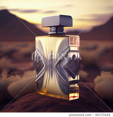 Bottle of perfume in sand. Yellow sand on the beach, man or woman unisex cosmetics. Bottle of perfume in sand. Yellow sand on the beach, man or woman unisex cosmetics. 98725848