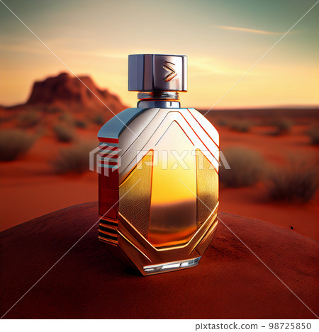 Bottle of perfume in sand. Yellow sand on the beach, man or woman unisex cosmetics. Bottle of perfume in sand. Yellow sand on the beach, man or woman unisex cosmetics. 98725850