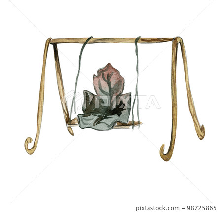 Watercolor cartoon swing for fairy made from leaves. Cute hand painted fairy tale illustration for greeting cards, prints, post cards and souvenirs. Illustartion isilated on white background. Watercolor cartoon swing for fairy made from leaves. Cute hand painted fairy tale illustration for greeting cards, prints, post cards and souvenirs. Illustartion isilated on white background. 98725865