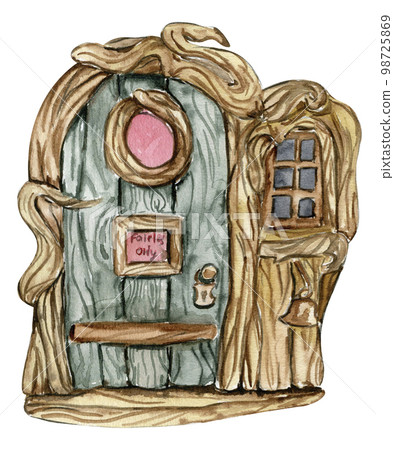 Watercolor cartoon house door for fairy. Cute hand painted fairy tale illustration for greeting cards, prints, post cards and souvenirs. Illustartion isilated on white background. Watercolor cartoon house door for fairy. Cute hand painted fairy tale illustration for greeting cards, prints, post cards and souvenirs. Illustartion isilated on white background. 98725869