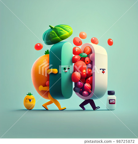 Vitamin pill capsule with fruits and vegetables. Nutrition supplemet and health eating concept. 98725872