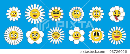 Crasy, groovy hippie 70s, 60s, 50s set vector. Plant character with mascot. Crazy mems of eyes and mouths. Sad, happy emotions . Funny cartoon chamomile Crasy, groovy hippie 70s, 60s, 50s set vector. Plant character with mascot. Crazy mems of eyes and mouths. Sad, happy emotions . Funny cartoon chamomile 98726026