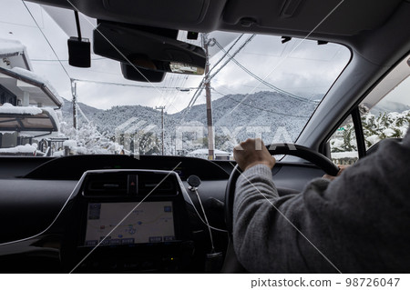 在雪路上行駛的汽車的駕駛員座椅和外面的冬季風景 在雪路上行駛的汽車的駕駛員座椅和外面的冬季風景 98726047