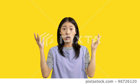 Asian woman acting shocked or surprised isolated on a white background, Looking camera, Concept acts according to the emotions and feelings of excitement and shock, Yellow background, Copy space. Asian woman acting shocked or surprised isolated on a white background, Looking camera, Concept acts according to the emotions and feelings of excitement and shock, Yellow background, Copy space. 98726120