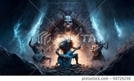 hellish heavy metal rock musicians band with electric guitars in rock world, neural network generated art 98726298