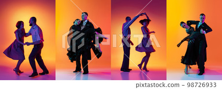 Set with images of stylish men and women dancing in bright clothes on colorful background at dance hall in neon light. Collage Set with images of stylish men and women dancing in bright clothes on colorful background at dance hall in neon light. Collage 98726933