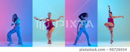 Collage. Tango and hip-hop aesthetics. Young artistic women dancing, performing over multicolored background in neon light Collage. Tango and hip-hop aesthetics. Young artistic women dancing, performing over multicolored background in neon light 98726934