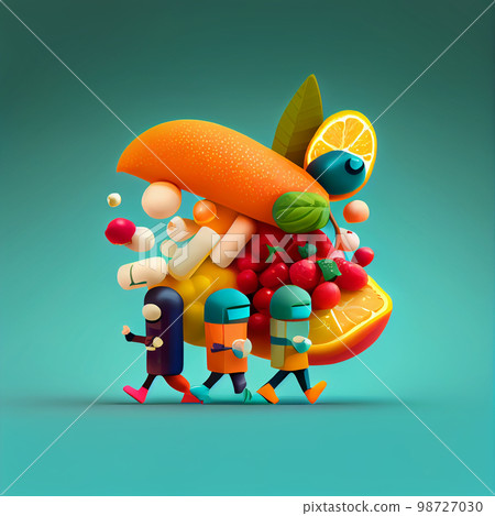 Vitamin pill capsule with fruits and vegetables. Nutrition supplemet and health eating concept. Vitamin pill capsule with fruits and vegetables. Nutrition supplemet and health eating concept. 98727030