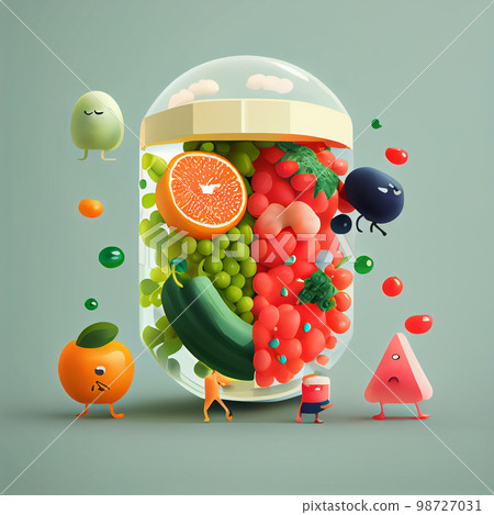 Vitamin pill capsule with fruits and vegetables. Nutrition supplemet and health eating concept. 98727031