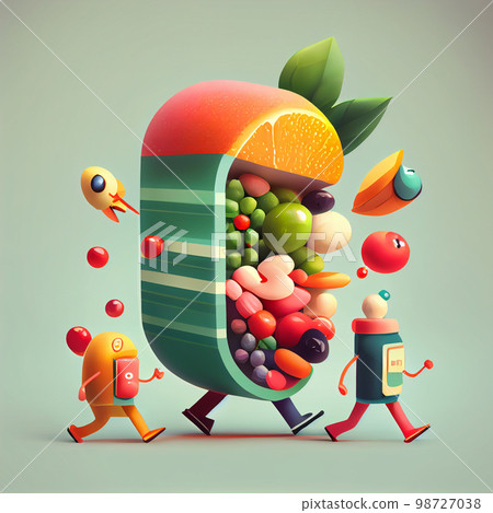 Vitamin pill capsule with fruits and vegetables. Nutrition supplemet and health eating concept. 98727038