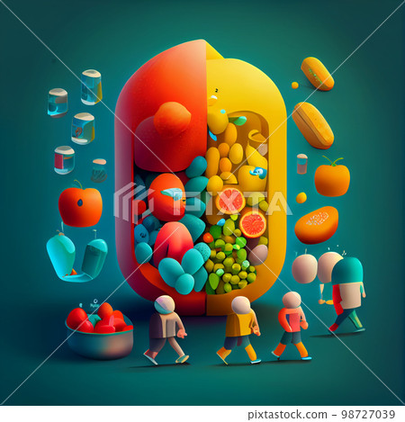 Vitamin pill capsule with fruits and vegetables. Nutrition supplemet and health eating concept. Vitamin pill capsule with fruits and vegetables. Nutrition supplemet and health eating concept. 98727039