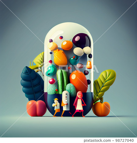Vitamin pill capsule with fruits and vegetables. Nutrition supplemet and health eating concept. 98727040