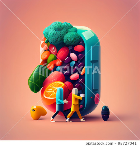 Vitamin pill capsule with fruits and vegetables. Nutrition supplemet and health eating concept. Vitamin pill capsule with fruits and vegetables. Nutrition supplemet and health eating concept. 98727041