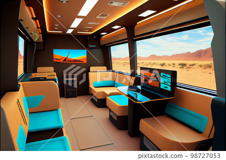 Empty Business bus Interior on road. Empty Business bus Interior on road. 98727053
