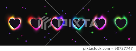 Abstract blurred neon gradient shapes with heart silhouettes. Holographic fluid shapes for trendy y2k cool brutalist design. 3d blurry soft gradient frames. Modern aura stickers, vector illustration 98727747