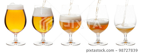 Pouring beer in tulip glass isolated on white Pouring beer in tulip glass isolated on white 98727839