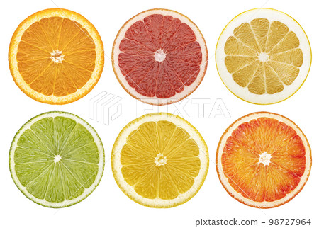 Citrus fruit slices isolated on white background with clipping path Citrus fruit slices isolated on white background with clipping path 98727964