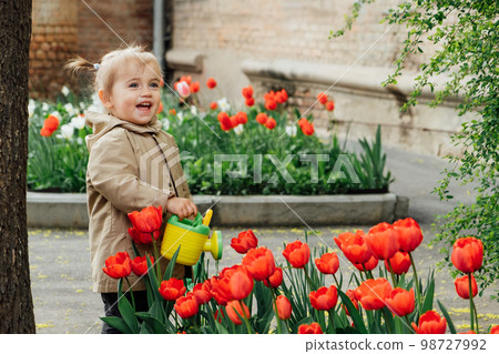 Spring Gardening Activities for Kids. Cute toddler little girl in raincoat watering red tulips flowers in the spring summer garden Spring Gardening Activities for Kids. Cute toddler little girl in raincoat watering red tulips flowers in the spring summer garden 98727992