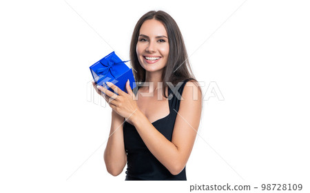 glad woman with present isolated on white. woman with present in studio. 98728109