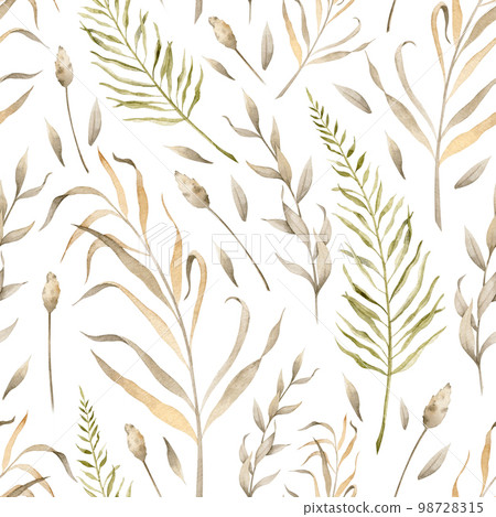 Seamless Pattern with Dried Plants and wild grass on isolated background. Hand drawn botanical illustration in boho style for textile design or wrapping paper. Herbal texture for vintage print. Seamless Pattern with Dried Plants and wild grass on isolated background. Hand drawn botanical illustration in boho style for textile design or wrapping paper. Herbal texture for vintage print. 98728315