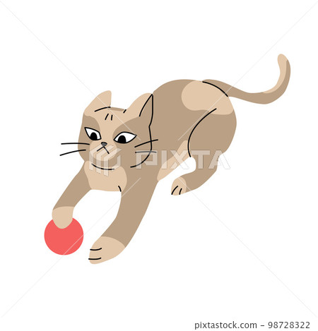 Illustration of excited funny cat, playing with a red ball, with ears backward Illustration of excited funny cat, playing with a red ball, with ears backward 98728322