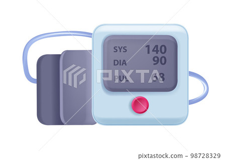 3D blood pressure icon, vector heart rate machine, hypertension medical check device, button, scree 98728329