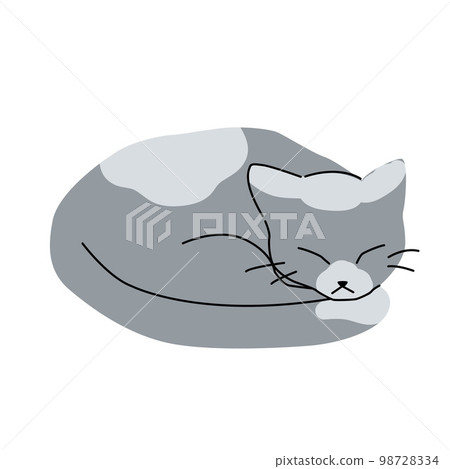 Illustration of cute grey cat taking a nap. Isolated trendy simple art, sleeping kitten. 98728334