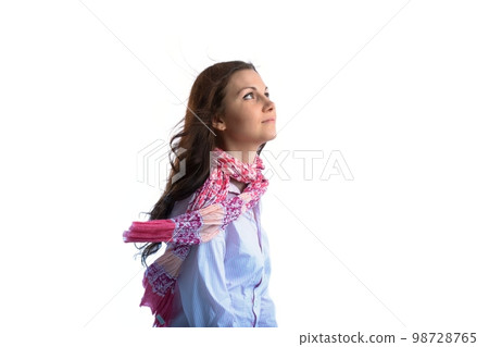 brown haired woman wiith scarf in white screen 98728765