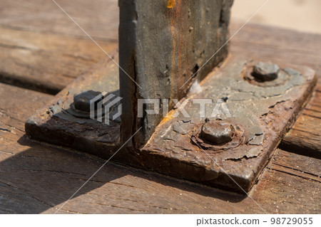 Corrosive rusty bolt close-up. Wood and metal are susceptible to rust Corrosive rusty bolt close-up. Wood and metal are susceptible to rust 98729055