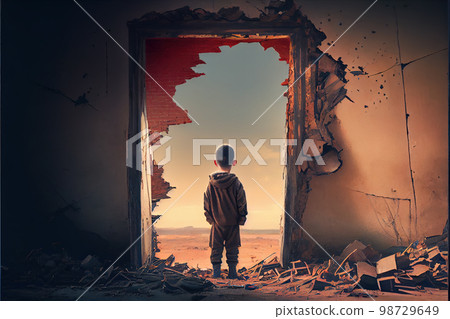 Lone child walking in destroyed city Lone child walking in destroyed city 98729649