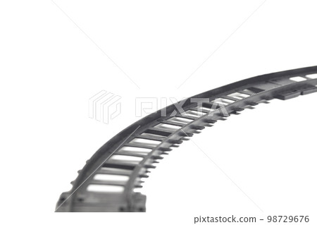 railway tracks on a toy children's railway,rails and sleepers toy, isolated on a white background, 98729676