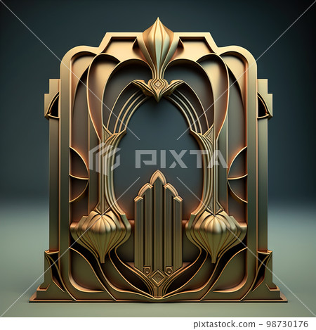 Golden ornamental art deco frame on black bakcground. Retro golden art deco or art nouveu frame with vintage ornament. Generative AI 98730176