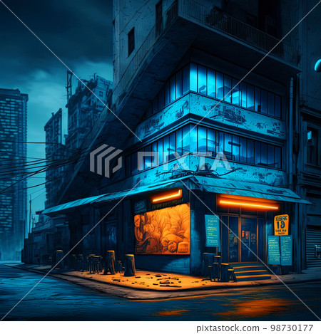 Cyberpunk styled cafe on the street corner with neon lights. Futuristic fast food restaurant with fake neon signs. Generative AI. Cyberpunk styled cafe on the street corner with neon lights. Futuristic fast food restaurant with fake neon signs. Generative AI. 98730177