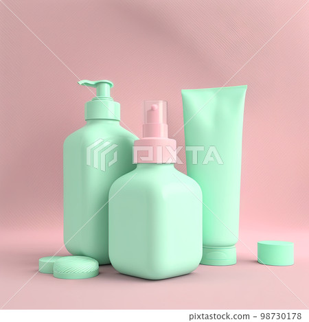 Cosmetics bottles mockup. Empty green bottles on the pink background. Generative AI. 98730178
