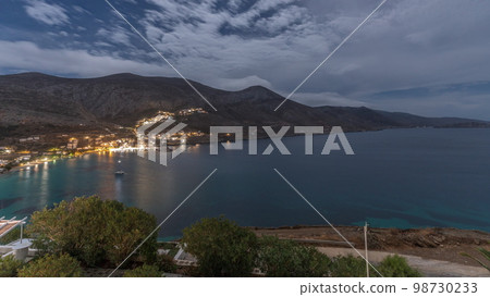 Panorama of Amorgos island night timelapse from above. Greece 98730233