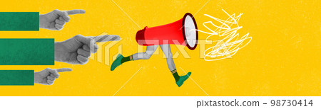 Contemporary art collage. Creative design. Important news. Megaphone on legs running forward. Social issues. Banner 98730414
