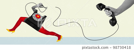 Contemporary art collage. Creative design. Retro phone running on female legs in bright red tights and heels. Don't want to talk Contemporary art collage. Creative design. Retro phone running on female legs in bright red tights and heels. Don't want to talk 98730418