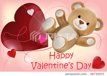 Teddy bear and a big heart on a pink background with the inscription Happy Valentine's Day. Vector image. 98730935