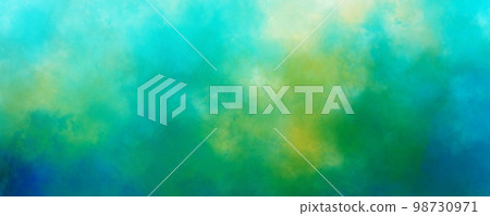 Abstract blue green and yellow background bright color grungy mist wallpaper texture with fog haze or smoke pattern in creative header design element horizontal painted textured web image backdrop 98730971