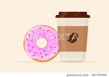 a cup of coffee in a paper cup with a lid and a donut a cup of coffee in a paper cup with a lid and a donut 98730999