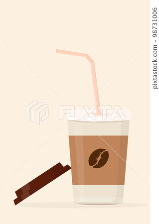 coffee latte cappuccino in a paper cup with a straw and milk foam 98731006