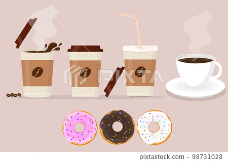 a set of coffee cups with donuts espresso latte cappuccino in bowl and paper cup 98731028