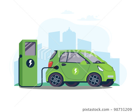 Battery EV vehicle plugged and getting electricity from renewable power generations. Vehicle being charged. Electric car on charging station against the background of the city.Vector illustration,flat Battery EV vehicle plugged and getting electricity from renewable power generations. Vehicle being charged. Electric car on charging station against the background of the city.Vector illustration,flat 98731209