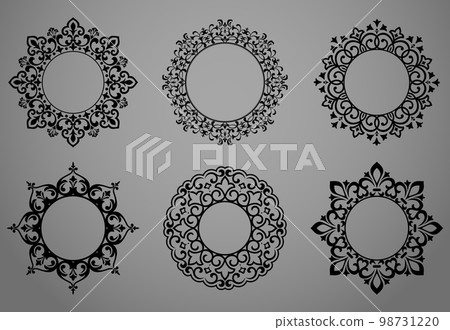 Set of decorative frames Elegant vector element for design in Eastern style, place for text. Floral black and gray borders. Lace illustration for invitations and greeting cards Set of decorative frames Elegant vector element for design in Eastern style, place for text. Floral black and gray borders. Lace illustration for invitations and greeting cards 98731220