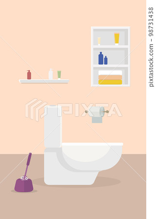 white ceramic toilet bowl with toilet paper with shelves and a brush 98731438