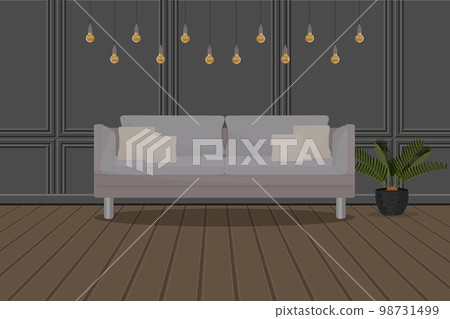 modern loft design interior with sofa and light bulbs and palm tree plant with wooden floor modern loft design interior with sofa and light bulbs and palm tree plant with wooden floor 98731499