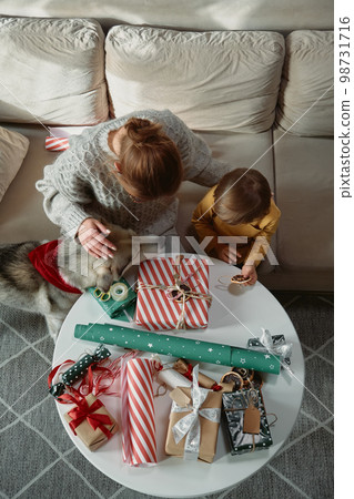 Decorating Christmas gifts, family mother, child and pet dog wrapping Christmas gift box together, top view 98731716